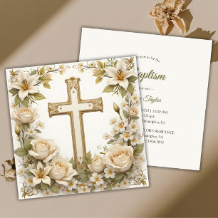 Floral Cross Catholic Baptism Christening Invitation