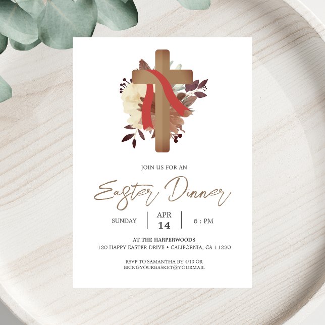 floral Cross Christian Spring Easter Dinner Invitation (Creator Uploaded)