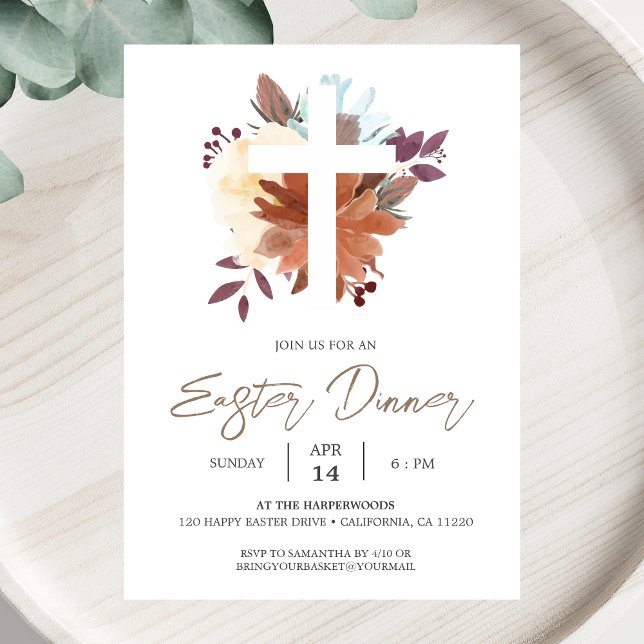 floral Cross Christian Spring Easter Dinner Invitation (Creator Uploaded)