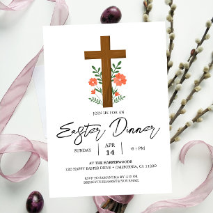 floral Cross Christian Spring Easter Dinner Invitation