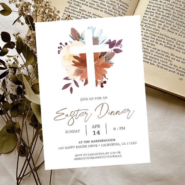 floral Cross Christian Spring Easter Dinner Invitation (Creator Uploaded)