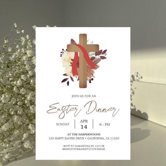 floral Cross Christian Spring Easter Dinner Invitation (Creator Uploaded)