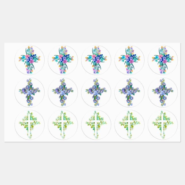 Floral Cross  Classic Round Sticker (Sheet)