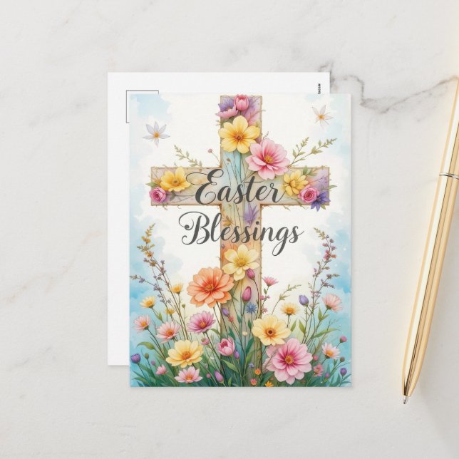 Floral Cross Easter Blessings  Holiday Postcard (Front/Back In Situ)