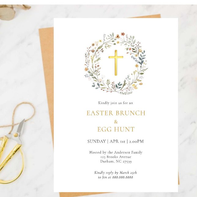 Floral Cross Easter brunch & eggs hunt invitation (Creator Uploaded)