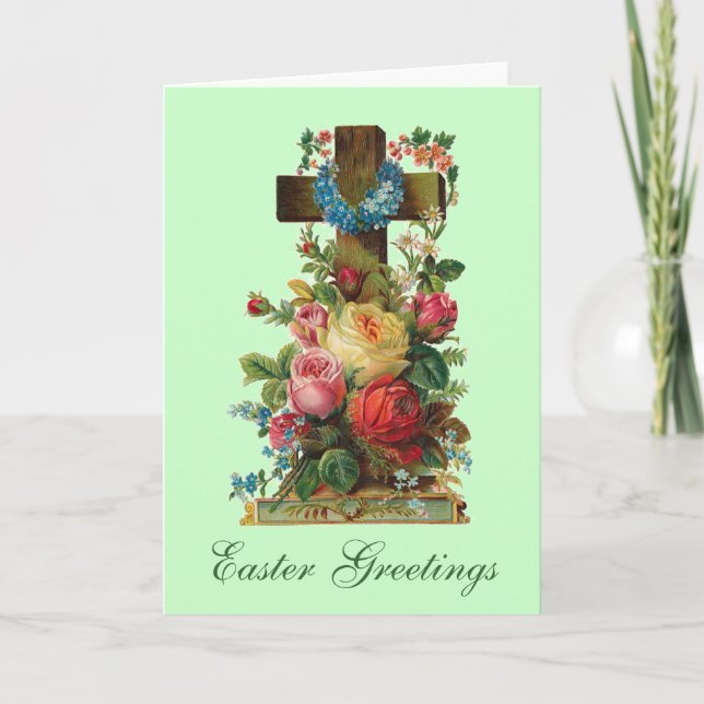 Floral Cross Easter Greetings Holiday Card (Front)