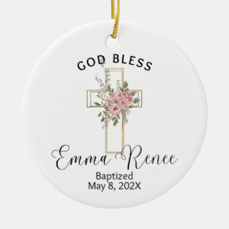 Floral Cross Elegant Personalised Baptism Girl Ceramic Ornament