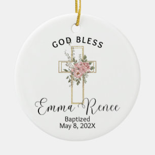 Floral Cross Elegant Personalized Baptism Girl Ceramic Ornament