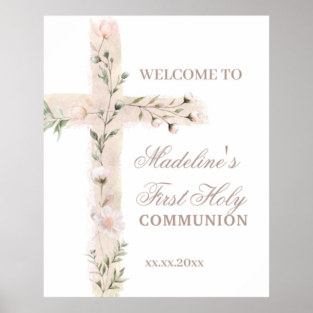 floral cross First Communion welcome sign (Front)
