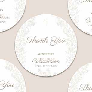 Floral Cross First Holy Communion Thank You Classic Round Sticker