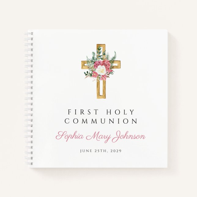 Floral Cross Girl First Communion Guestbook Notebook (Front)
