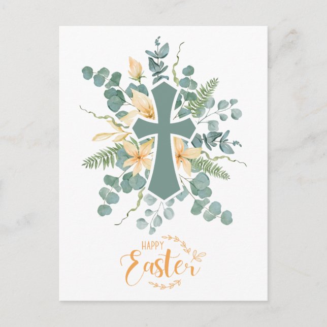 Floral Cross Happy Easter Personalised  Holiday Postcard (Front)