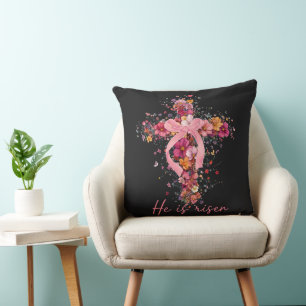Floral Cross 'He Is Risen' Cushion