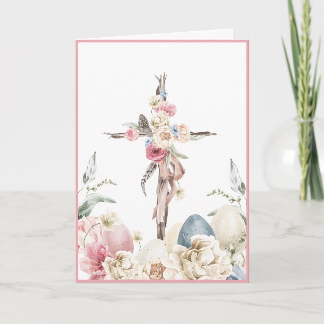 Floral Cross | He is Risen Easter Personalised Card (Front)
