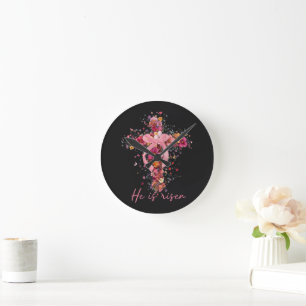 Floral Cross 'He Is Risen' Round Clock