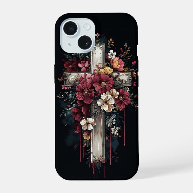 Floral Cross iPhone 15 Case (Back)