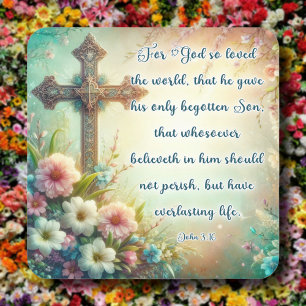 Floral Cross John 3:16 Bible Verse Easter Square Sticker