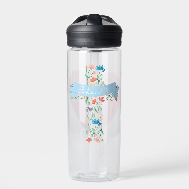 Floral Cross John 3:16 Water Bottle (Front)
