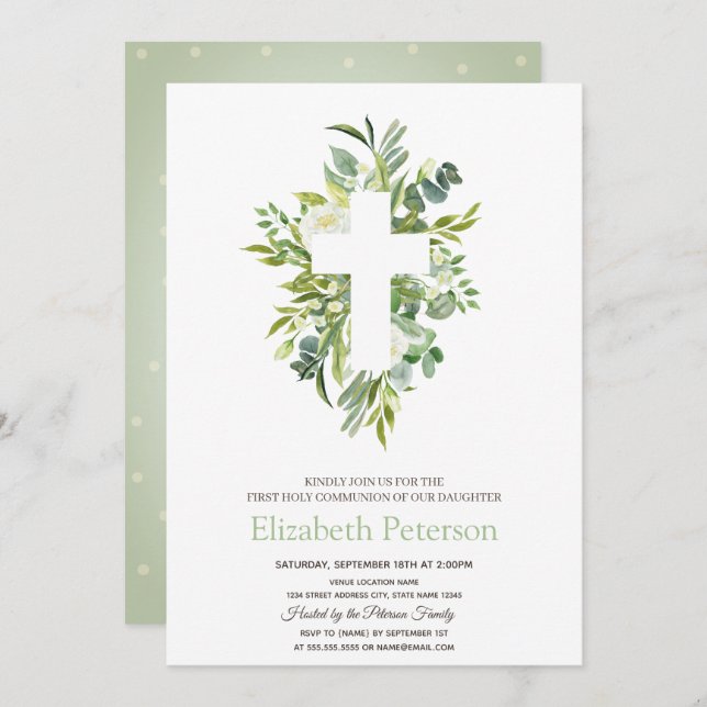 Floral Cross Leaves Dotted First Holy Communion   Invitation (Front/Back)