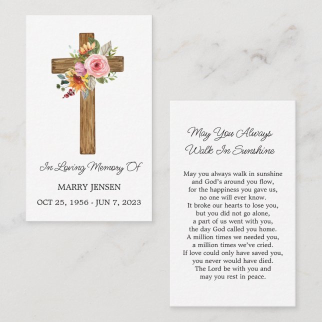 Floral Cross Memorial Funeral Prayer Card (Front/Back)