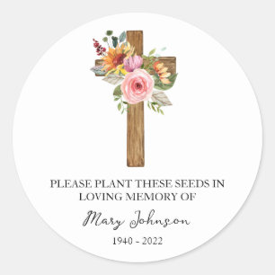 Floral Cross Memorial Funeral Seed Packet Classic Round Sticker