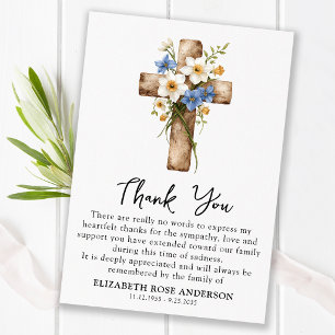 Floral Cross Modern Memorial Religious Funeral  Thank You Card
