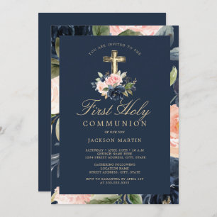 Floral Cross Navy Boys First Communion Invitation