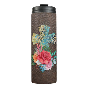 Floral Cross on Textured Leather Background Thermal Tumbler