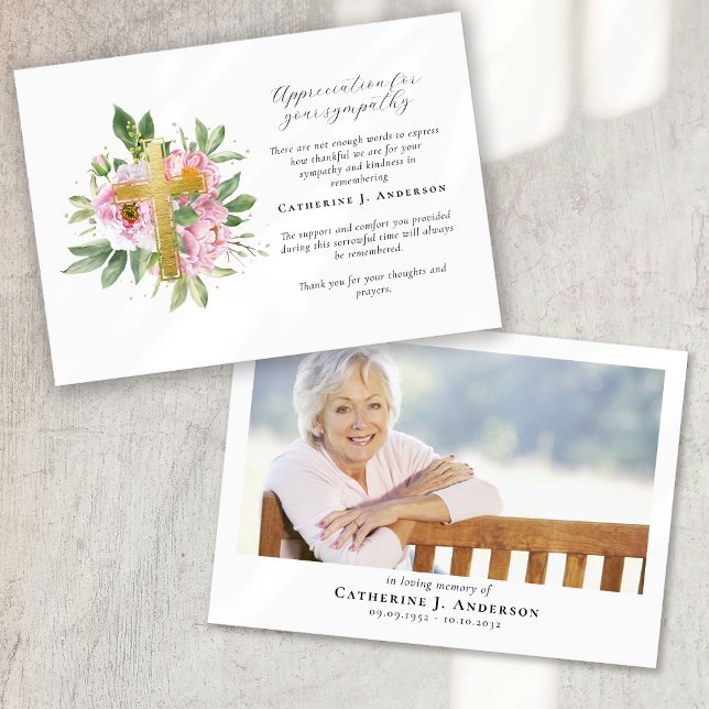 Floral Cross Photo Sympathy Funeral Memorial Thank You Card (Creator Uploaded)