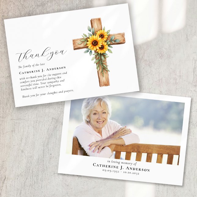 Floral Cross Photo Sympathy Funeral Memorial Thank You Card (Creator Uploaded)