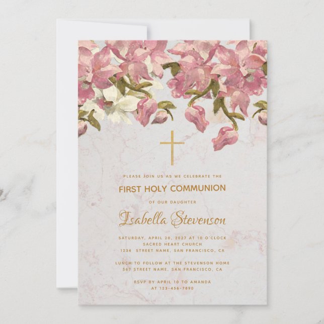 Floral Cross Pink Orchids Marble First Communion Invitation (Front)