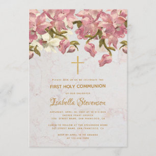 Floral Cross Pink Orchids Marble First Communion Invitation
