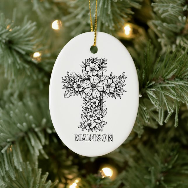 Floral Cross Religious Create Your Own Keepsake Ceramic Ornament (Tree)