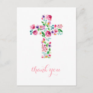 Floral Cross thank you note, christening thank you Postcard
