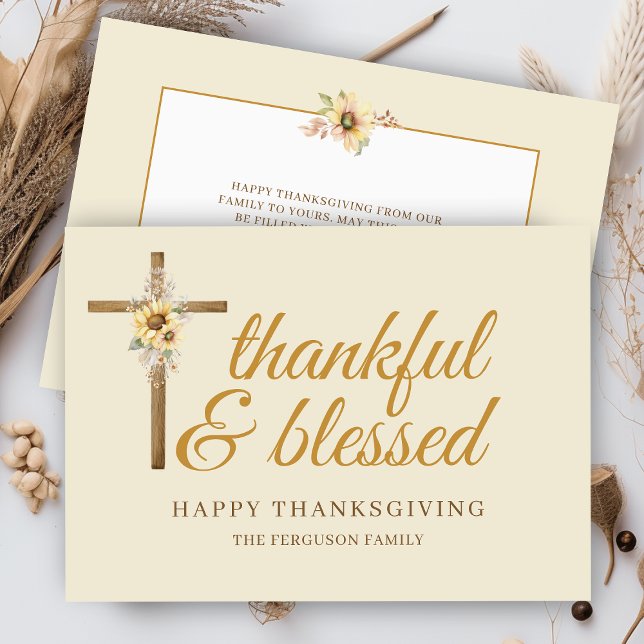 Floral Cross Thankful Blessed Happy Thanksgiving Holiday Card (elegant wooden cross with sunflower arrangement with thankful and blessed happy thanksgiving cards)