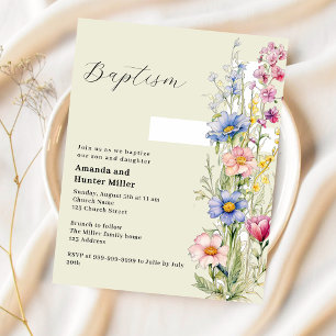 Floral cross twins sage green Baptism invitation