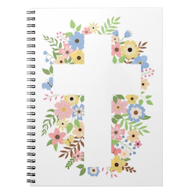 Floral Cross White Spiral Notebook (Front)