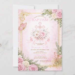 Floral CrossBlush Pink Baptism Invitation for Girl