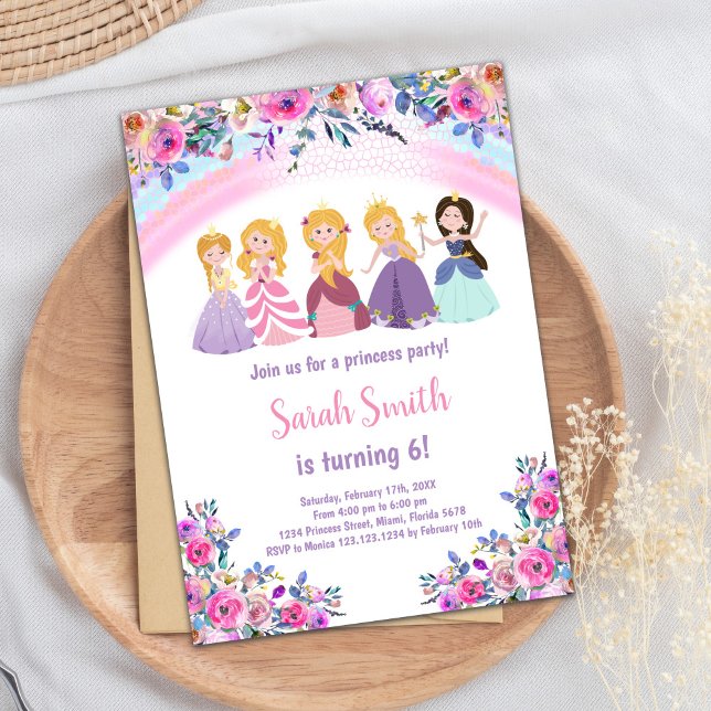 Floral Crown Glitter Party Card (Pink Rainbow Floral Princess Birthday Invitations)
