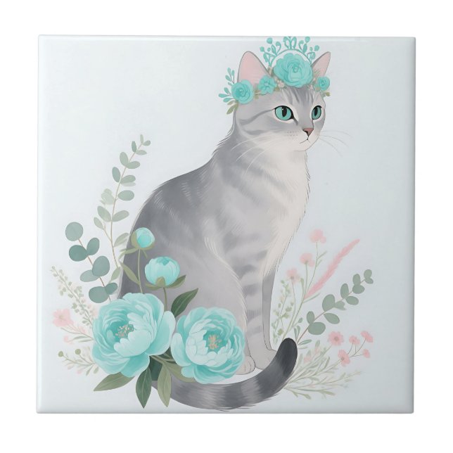 Floral Crown Grey Cat Ceramic Tile (Front)
