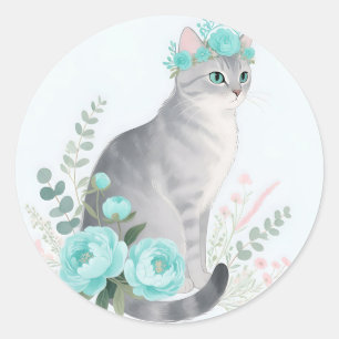 Floral Crown Grey Cat Classic Round Sticker