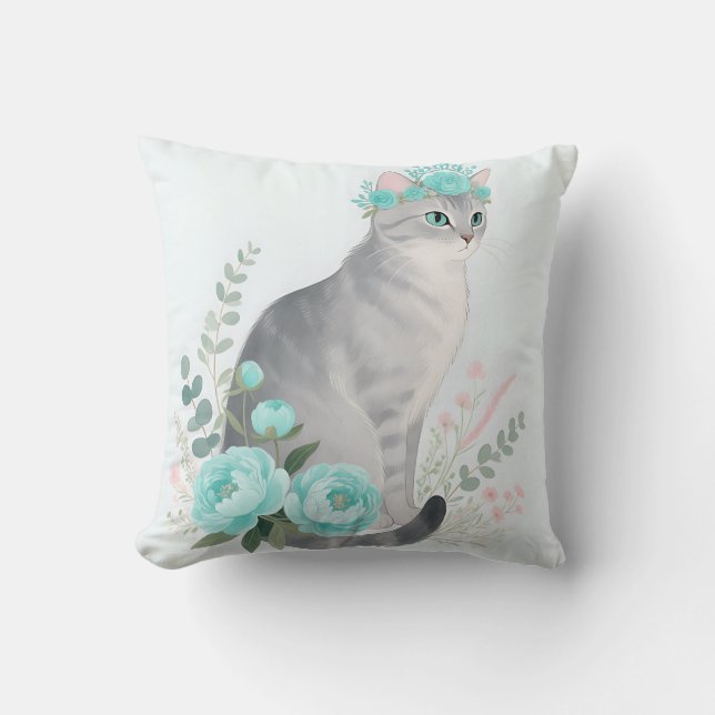 Floral Crown Grey Cat Cushion (Front)
