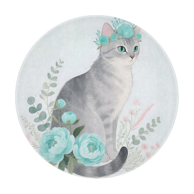 Floral Crown Grey Cat Cutting Board (Front)