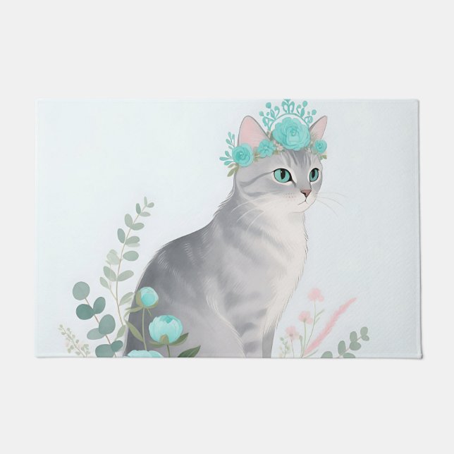 Floral Crown Grey Cat Doormat (Front)