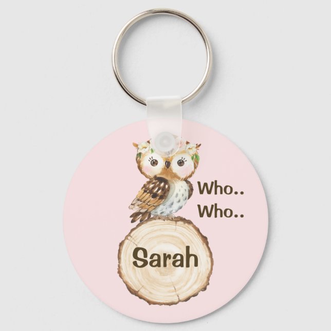 Floral Crown Owl And Wood Slice Personalized Key Ring (Front)