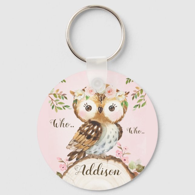 Floral Crown Owl Personalized Key Ring (Front)