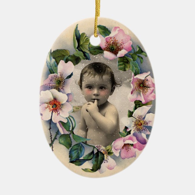 FLORAL CROWN,WILD ROSES BABY SHOWER PHOTO TEMPLATE CERAMIC ORNAMENT (Front)