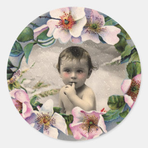 FLORAL CROWN,WILD ROSES BABY SHOWER PHOTO TEMPLATE CLASSIC ROUND STICKER