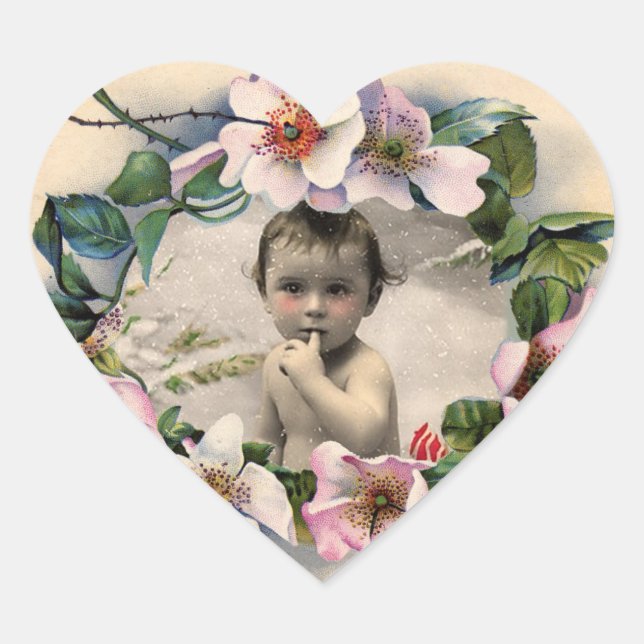 FLORAL CROWN,WILD ROSES BABY SHOWER PHOTO TEMPLATE HEART STICKER (Front)