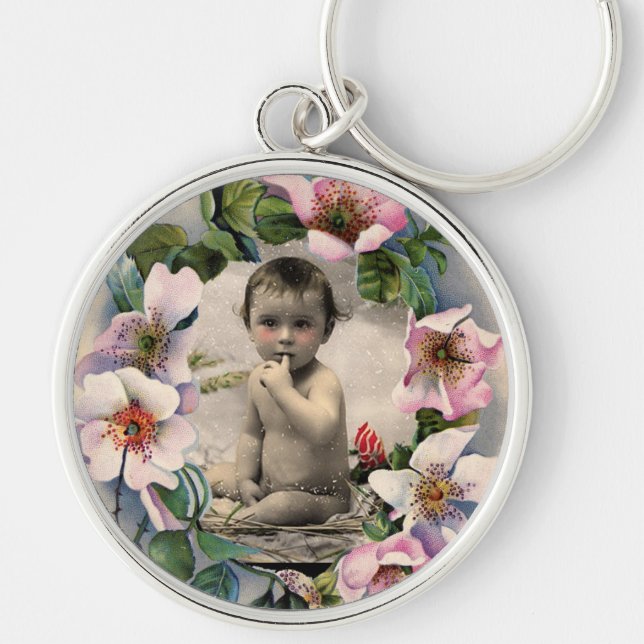 FLORAL CROWN,WILD ROSES BABY SHOWER PHOTO TEMPLATE KEY RING (Front)